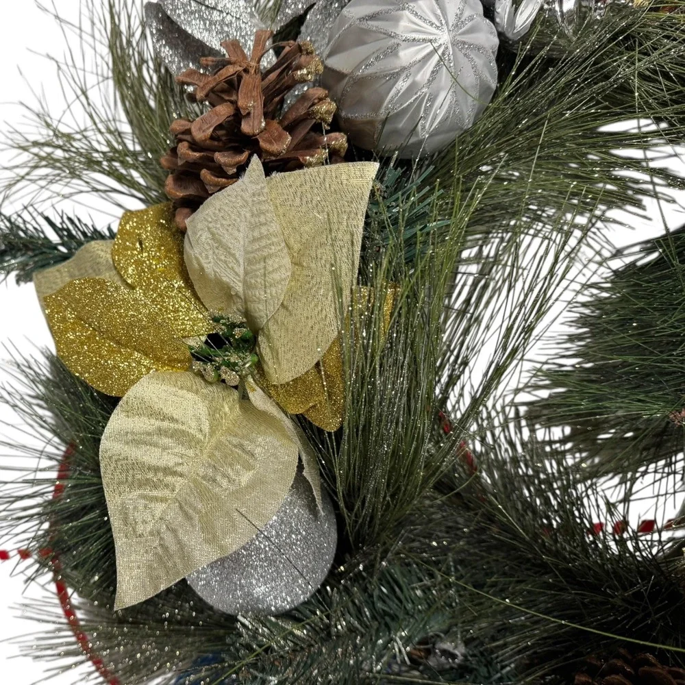 Christmas Wreath Holiday Pine‎ Cone Ornament Gold Silver Decor 15 Inch